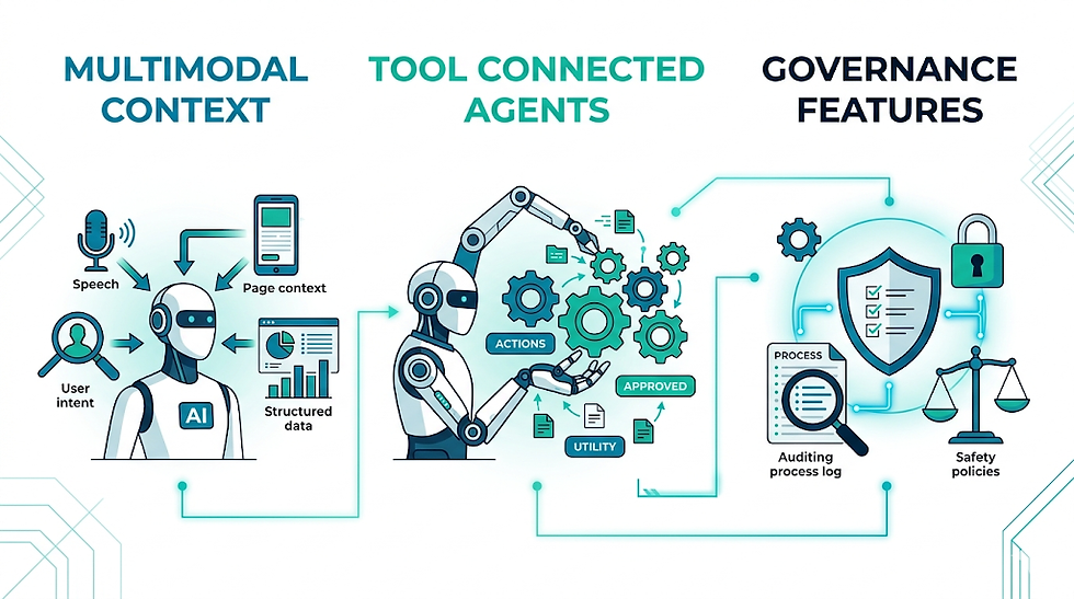 AI robots analyze multimodal data, connect tools, and ensure governance features like audits and safety. Icons represent actions and contexts.