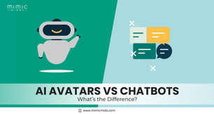 Robot avatar and chat bubbles on a split teal background. Text: AI Avatars vs Chatbots. Mimic Minds logo.