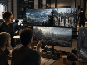 Game development team reviewing a dynamic simulation environment in a studio