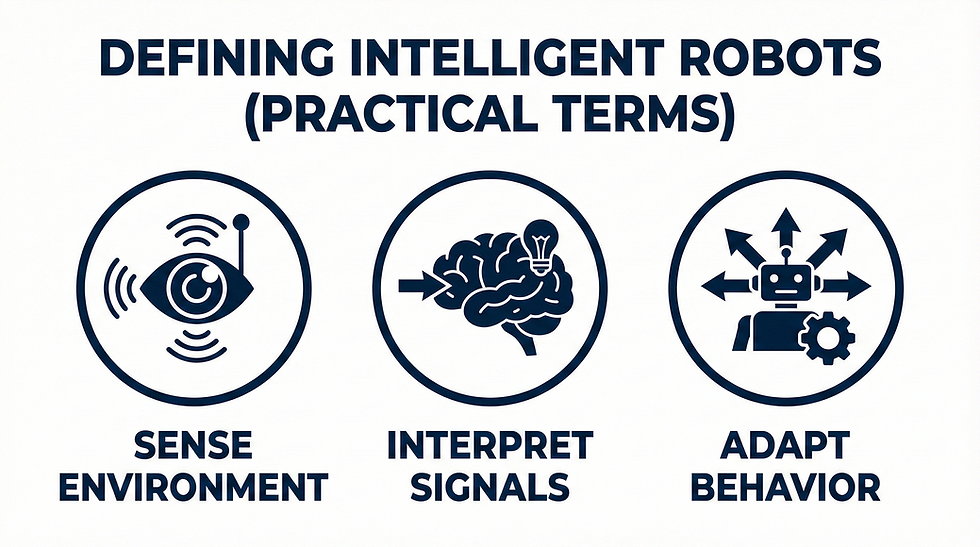 Three icons illustrate robot intelligence: sensing with an eye, interpreting with a brain, and adapting with a robot. Text: "DEFINING INTELLIGENT ROBOTS (PRACTICAL TERMS)".