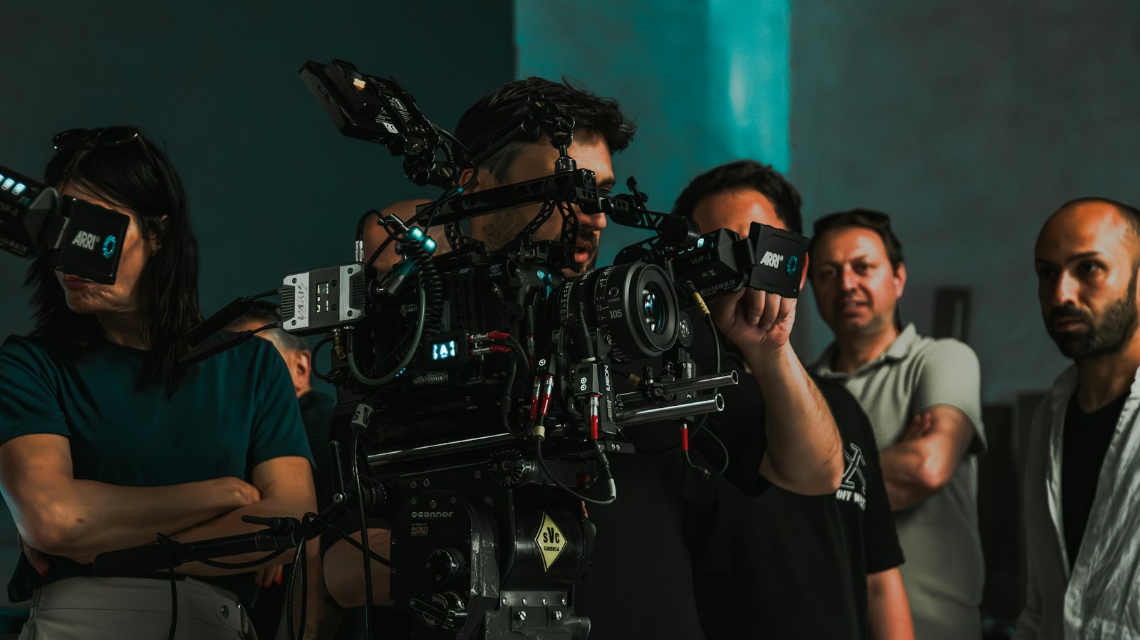 Film crew planning camera framing and production requirements