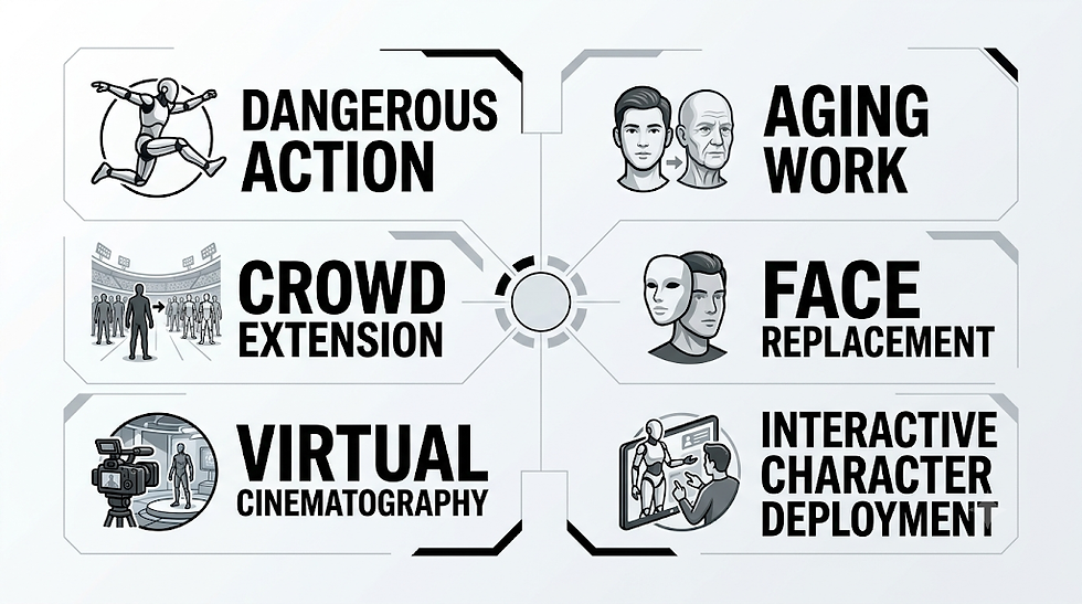 Infographic of film techniques: dangerous action, aging, crowd extension, face replacement, virtual cinematography, character deployment.