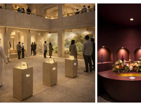 Museum gallery with visitors and glowing pedestal displays; beside it, a burgundy floral altar installation in arched alcoves.