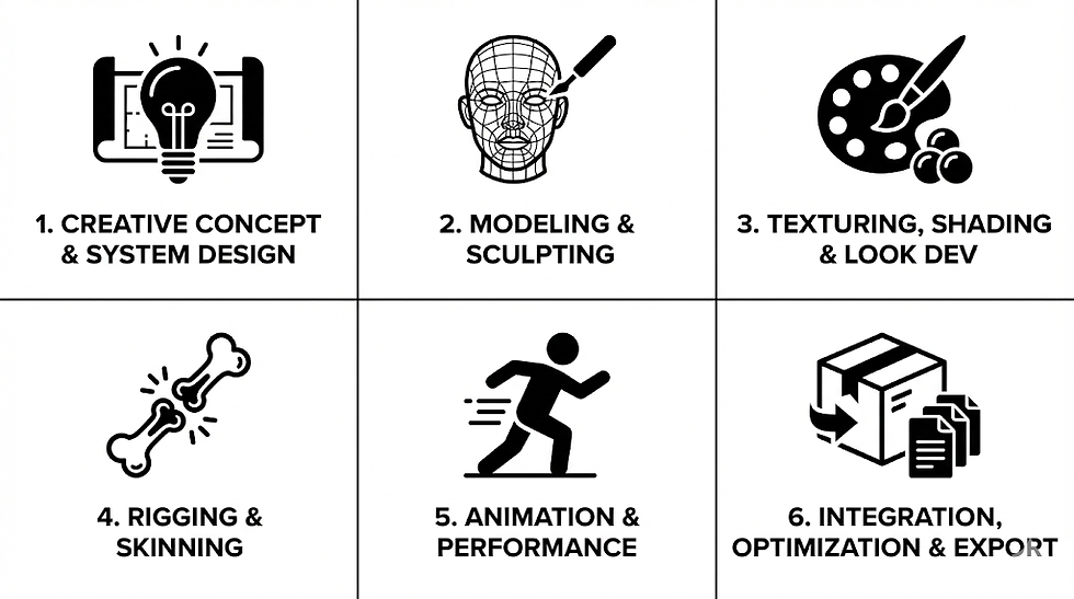 Six-step process grid: 1) Creative concept, 2) Modeling, 3) Texturing, 4) Rigging, 5) Animation, 6) Integration. Icons illustrate each step.