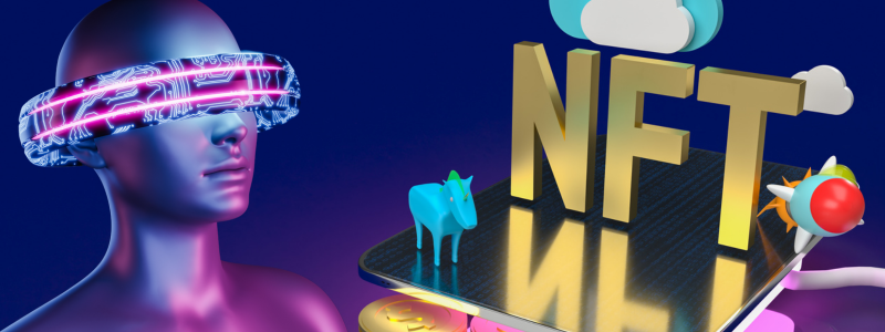 Futuristic setting with a mannequin wearing VR goggles. Large gold "NFT" text on a platform with a blue animal figure. Bright, vibrant colors.