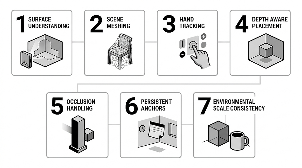 Flowchart with seven blocks on AR: Surface Understanding, Scene Meshing, Hand Tracking, Depth Placement, Occlusion, Anchors, Scale Consistency.