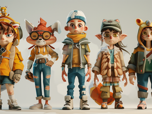 Expressive 3D cartoon characters representing a professional animation production timeline