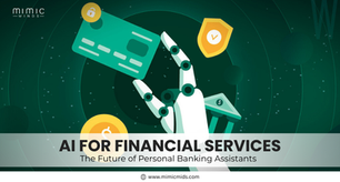 Robotic hand holding a credit card in a dark green digital space. Text: "AI FOR FINANCIAL SERVICES - The Future of Personal Banking Assistants."