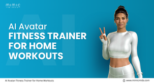 AI avatar in white workout attire gives a peace sign. Text: "AI Avatar Fitness Trainer for Home Workouts." Blue background, calm mood.