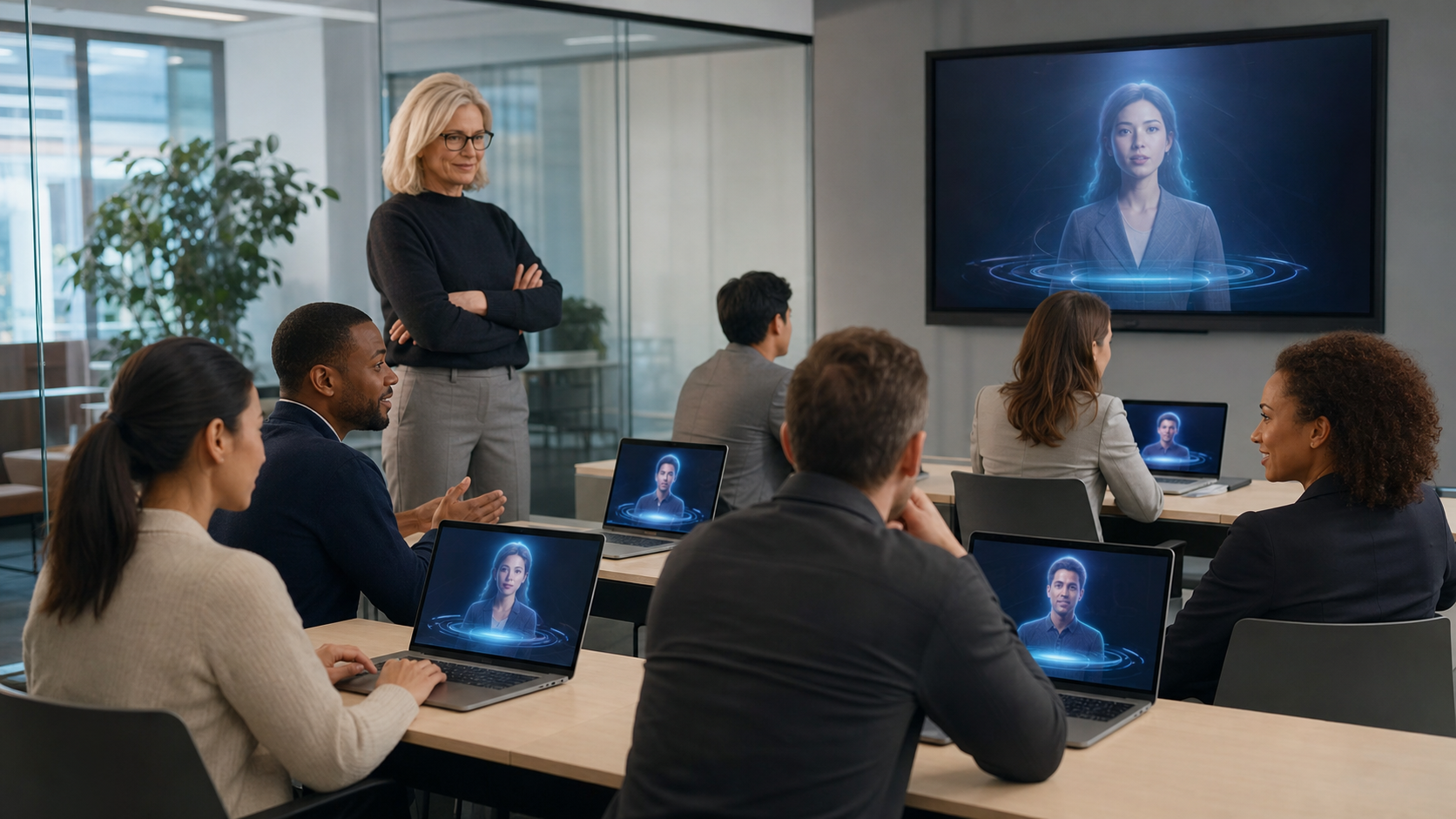 Business team using AI sales training simulations