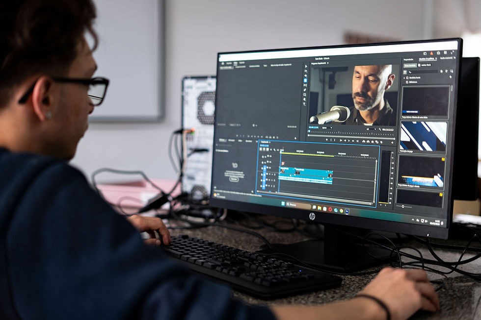 Video editor preparing campaign versions on a desktop workstation