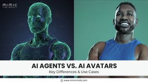 AI avatar in green digital design, man in blue shirt smiling on teal background. Text: "AI Agents vs. AI Avatars: Key Differences & Use Cases".