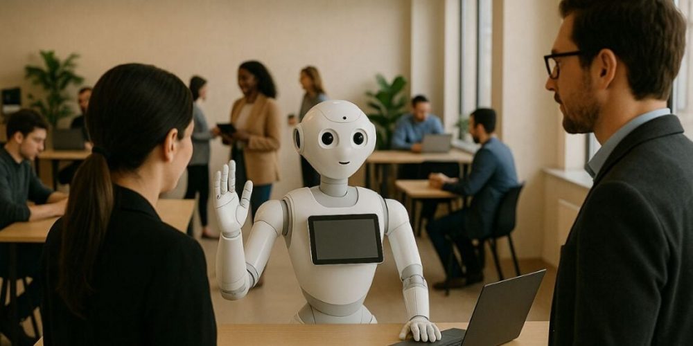 Front desk service robot representing conversational AI and software integration costs