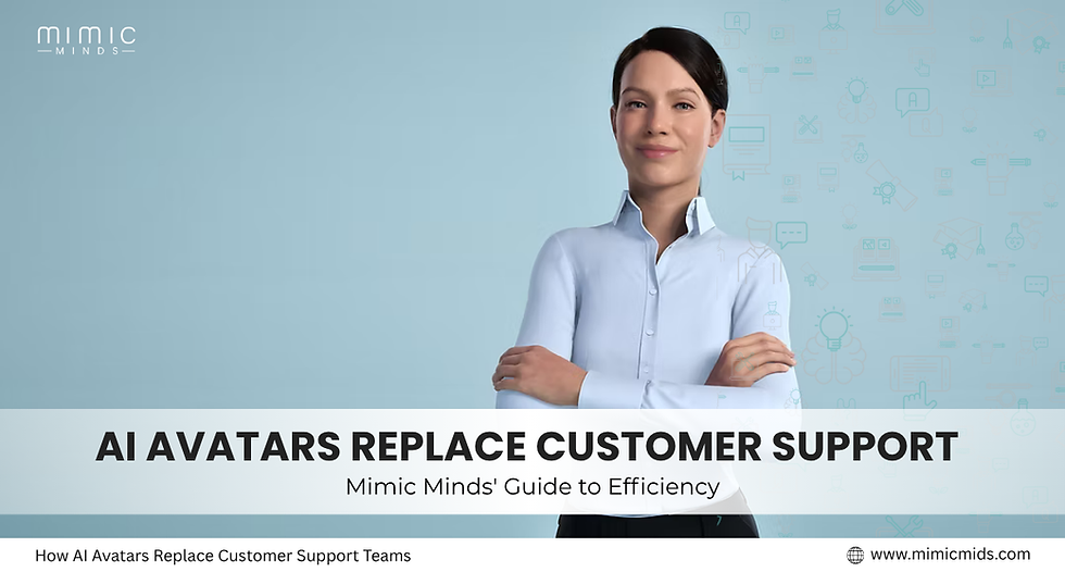 AI avatar in a blue shirt stands confidently with arms crossed. Text: "AI Avatars Replace Customer Support - Mimic Minds' Guide to Efficiency." Background includes tech icons.