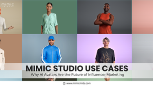 Grid of diverse AI avatars showing various expressions and poses. Text: Mimic Studio Use Cases—AI Avatars for Influencer Marketing.