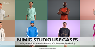 Grid of diverse AI avatars showing various expressions and poses. Text: Mimic Studio Use Cases—AI Avatars for Influencer Marketing.