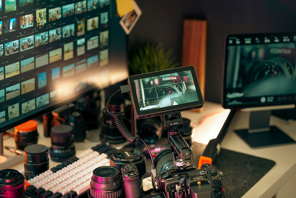 Sports production workstation with cameras, lenses, and editing monitors