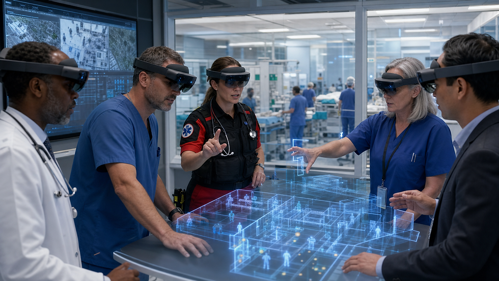 Hospital incident command leaders coordinating resources with an immersive spatial model