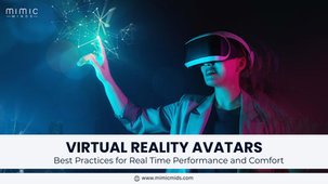 Person wearing VR headset interacts with virtual interface in a dark setting. Text: Virtual Reality Avatars, Best Practices for Real Time.
