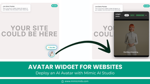 AI avatar widget demo with "Your Site Could Be Here" text. "Click Me" button and live video on the right. Green banner reads "Avatar Widget for Websites".