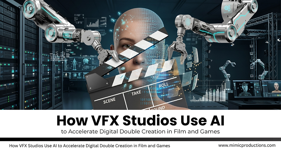 Robotic arms scan a digital human face in a high-tech server room, with a clapperboard and the title How VFX Studios Use AI.