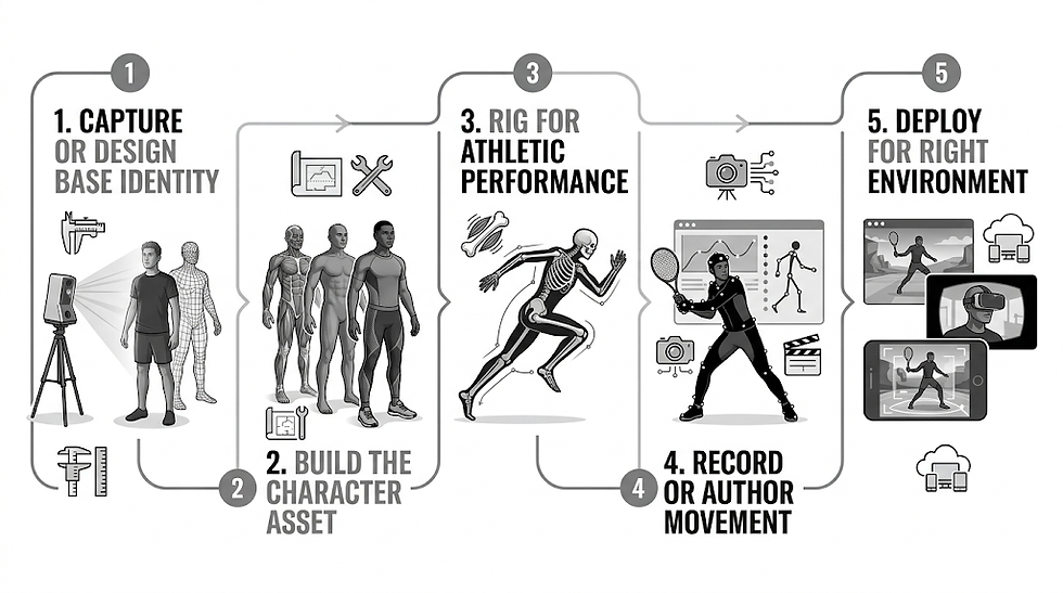 Steps 1-5 show character creation: capture identity, build asset, rig for performance, record movement, deploy in environments. Black & white.