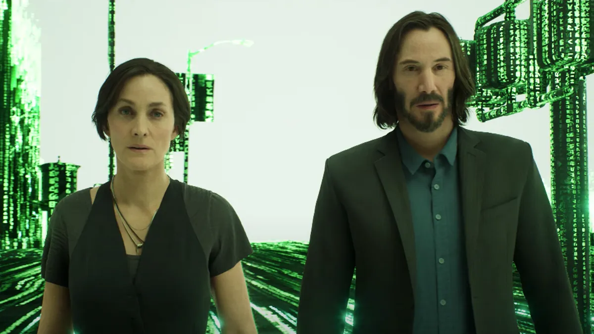 Keanu Reeves and Carrie-Anne Moss in The Matrix Awakens cinematic