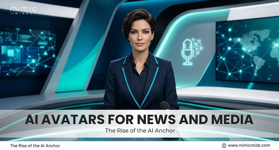 AI anchorwoman at a news desk in a high-tech studio with digital screens. Text: "AI Avatars for News