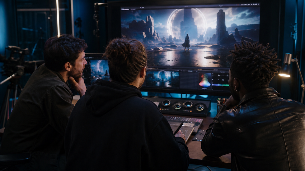 Production team filming a music artist on a practical set with a virtual CGI world preview