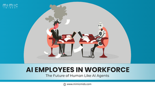 Human in suit and AI robot sitting at desks working, surrounded by flying papers. Text: AI Employees in Workforce, The Future of AI Agents.