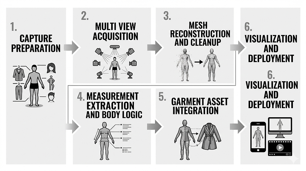 Illustration of a six-step process for 3D garment visualization: capturing, multi-view acquisition, mesh reconstruction, measurement extraction, garment integration, and deployment.