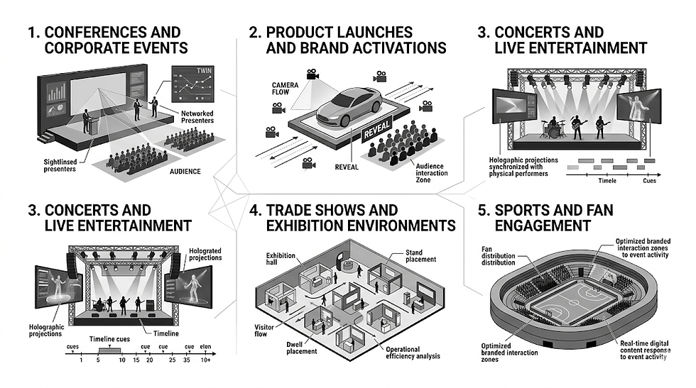 Infographic showing applications of digital content: conferences, product launches, concerts, trade shows, and sports with interactive zones.