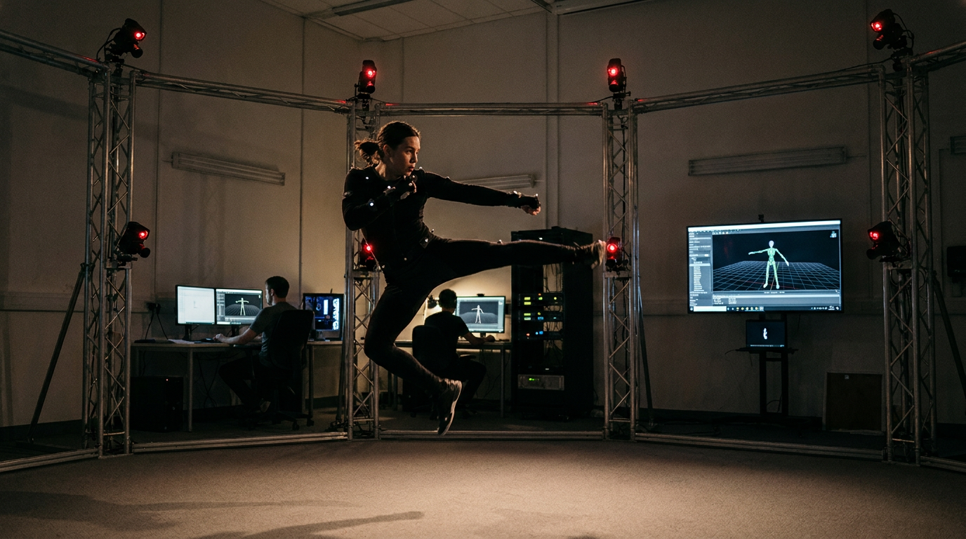 Motion capture performer in tracking suit for game animation outsourcing
