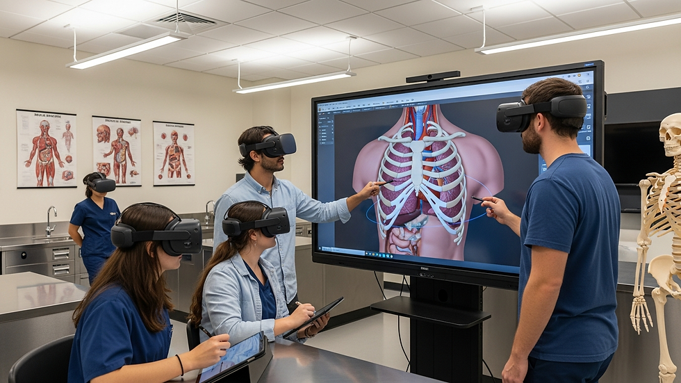 Medical students exploring an interactive 3D anatomy model during immersive education