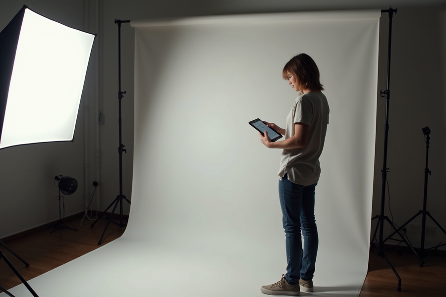 Digital influencer creating paid social ad content in a studio