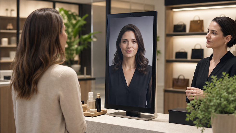 Customer speaking with an AI digital human brand representative in a showroom