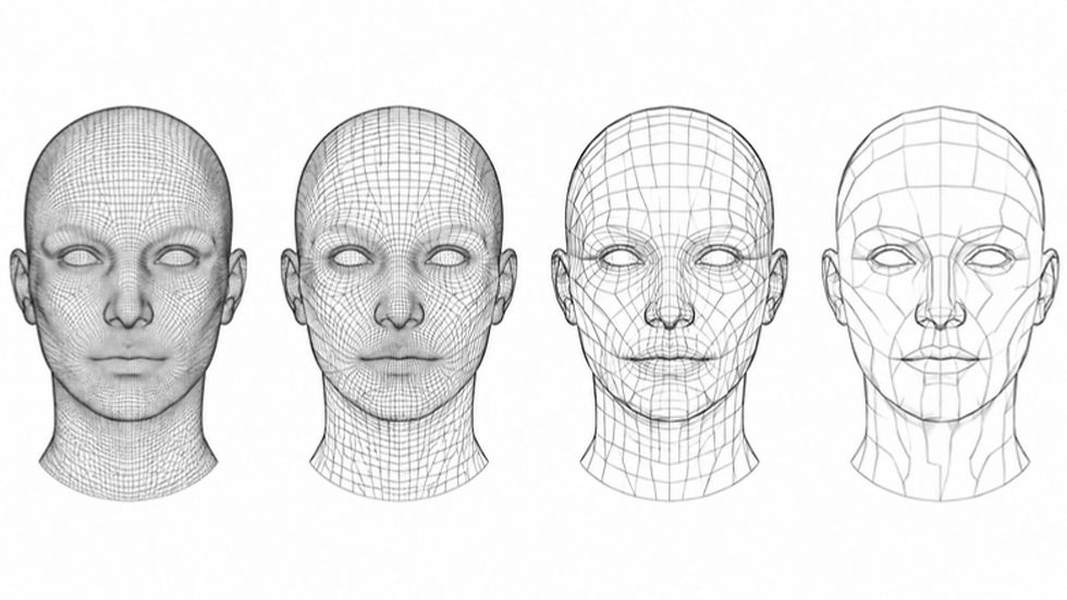 Grayscale illustration of the same character head shown at four levels of detail from very dense to very light.