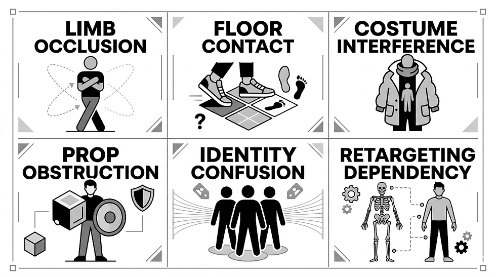 Six panels illustrate issues: limb occlusion, floor contact, costume interference, prop obstruction, identity confusion, retargeting dependency.