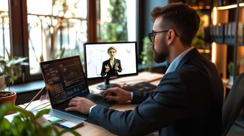 Business professional interacting with an AI-powered simulation