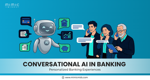 Robot with AI icon interacts with three people on phones, talking about banking. Text: "Conversational AI in Banking." Blue theme.