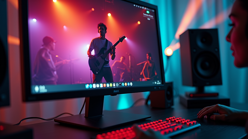 Close-up view of a color grading monitor displaying vibrant music video footage