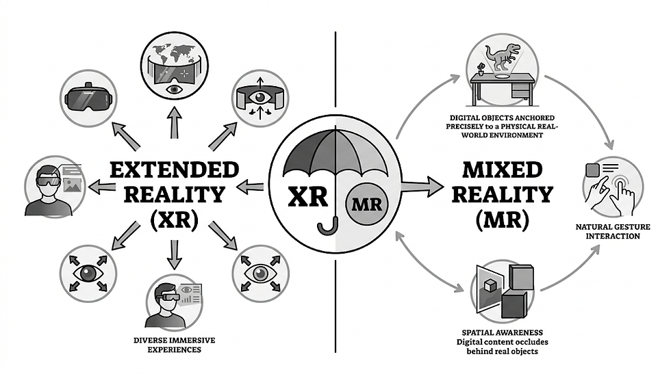 Diagram comparing Extended Reality (XR) and Mixed Reality (MR) with icons and arrows illustrating diverse immersive experiences and interactions.