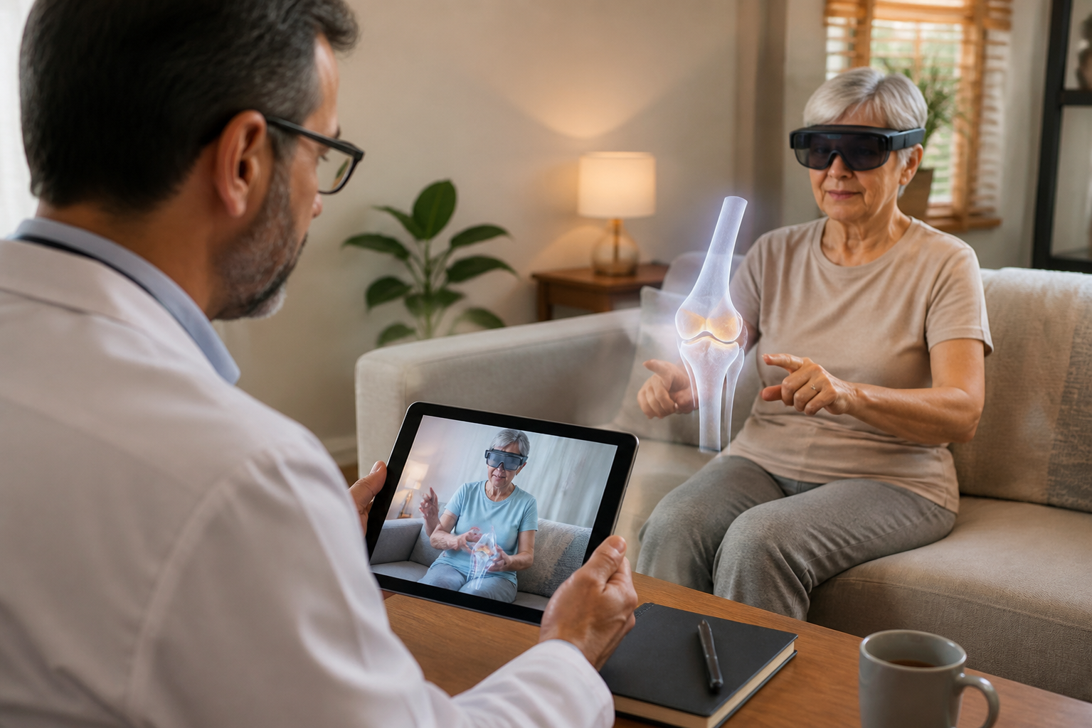 Clinician reviewing a remote patient education session while a patient uses augmented reality guidance at home