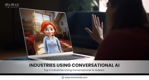 User gestures to a laptop displaying a smiling animated avatar. Text: Industries Using Conversational AI. Room setting, warm lighting.onal AI Avatars