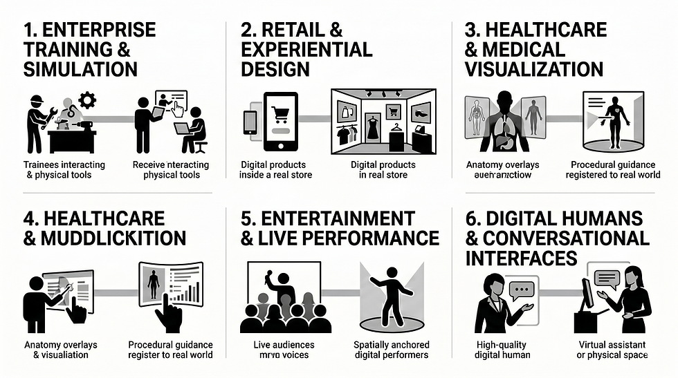 Infographic with six panels on topics: training, retail, healthcare, entertainment, and digital interfaces. Illustrated icons and text provide visual context.