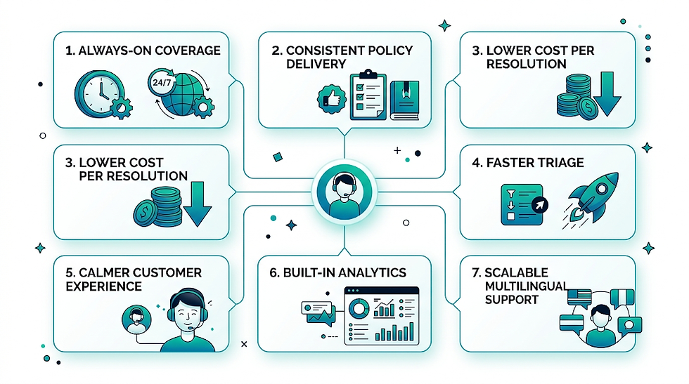 Flowchart with 7 benefits: Always-on coverage, consistent policy, lower costs, faster triage, calmer experience, analytics, scalable support.