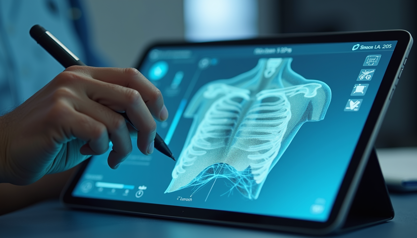 Close-up view of a 3D medical simulation on a digital tablet