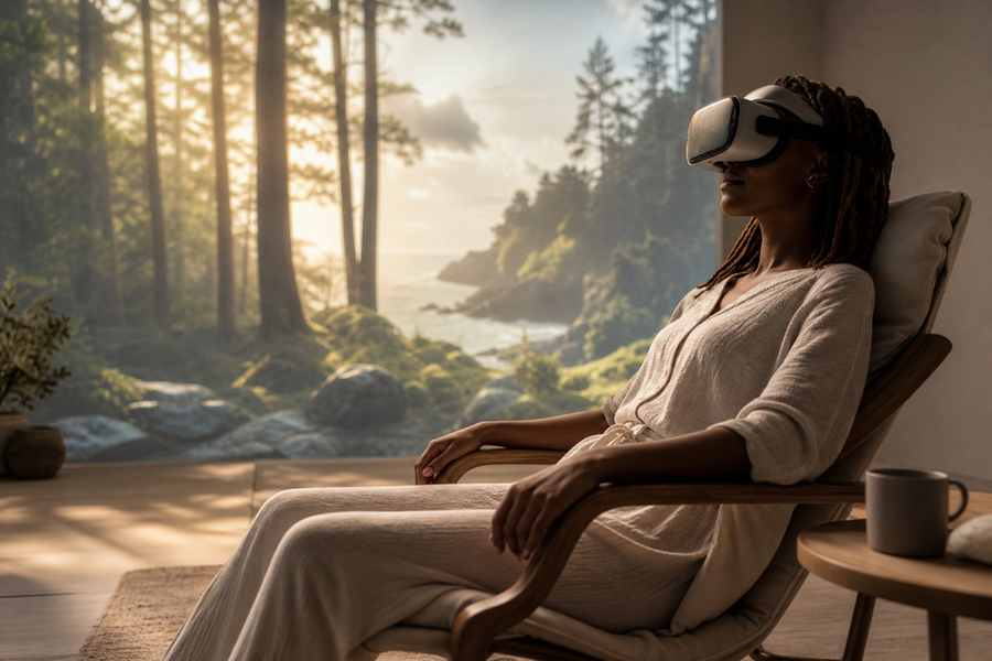 AI wellness avatar guiding an immersive digital wellbeing session