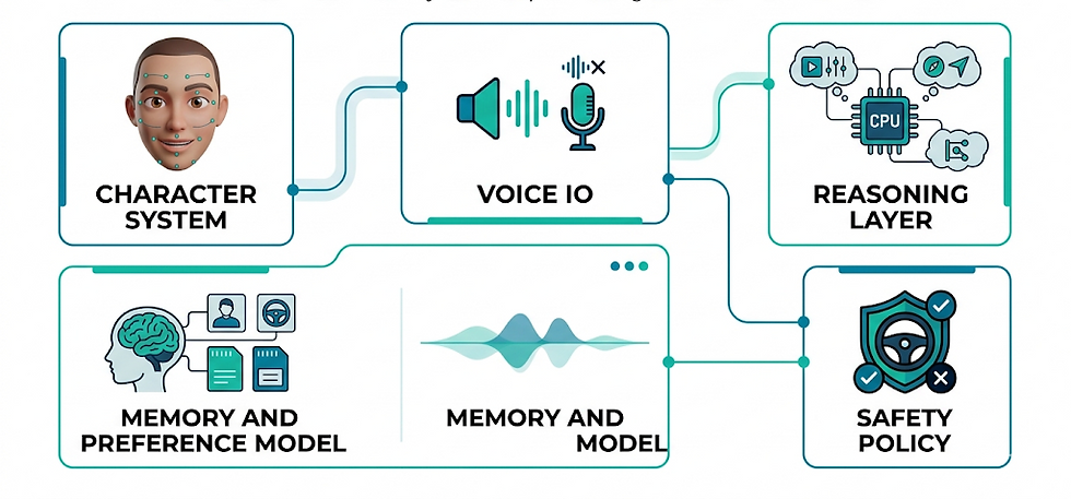 Diagram titled Automotive AI Avatar Components showing Character System, Voice IO, Reasoning Layer, Memory Model, and Safety Policy interconnected.