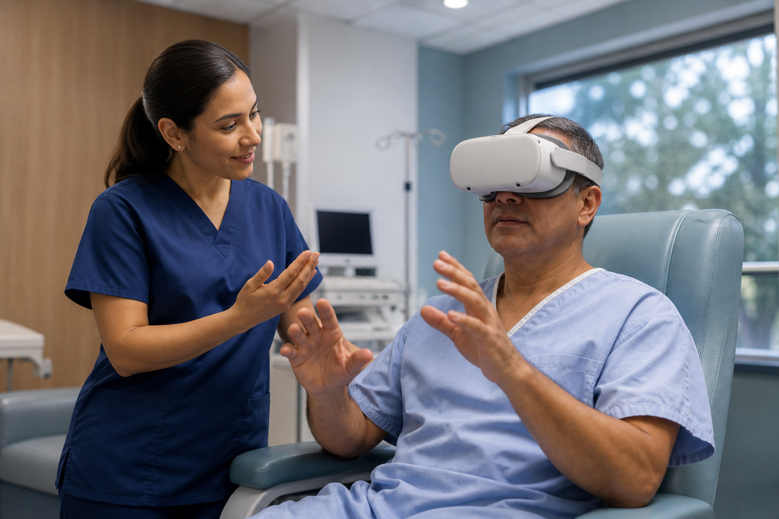 Patient using VR for a guided pre-surgery education walkthrough while a clinician observes